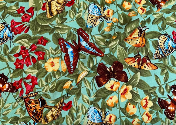 5016 - Hancock - Multi Colored Butterflies And Flowers On Turquoise
