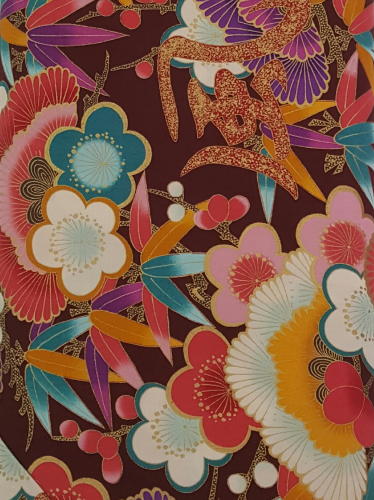 #100 - Kona Bay - Large Colorful Flowers With Metallic Gold And Burgundy Colors. Oriental Figures.