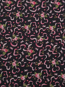 #150 - Northcott - Sweet Jane - Pink Ribbons And Flowers On Black