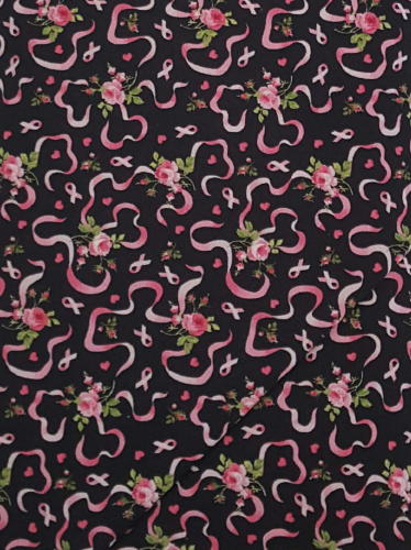 #150 - Northcott - Sweet Jane - Pink Ribbons And Flowers On Black