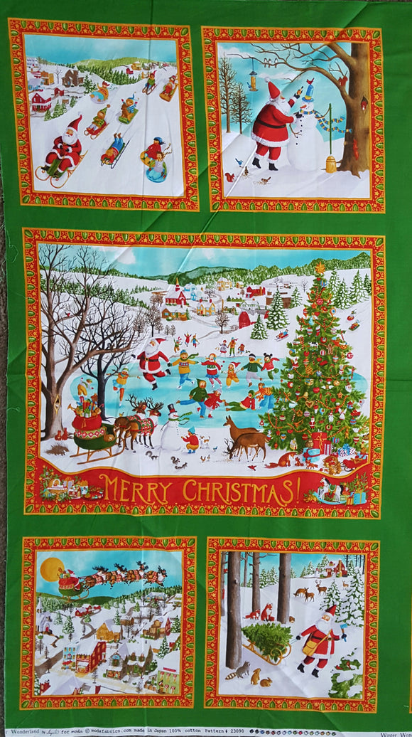 #375 - Panel - Moda - Pictures Of Christmas, Santa Playing In Snow, Village, Reindeer, Green Border