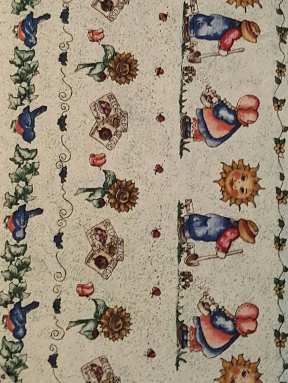 #538 Marcus Brothers Textile - Rows of Gardening Boys & Girls, Birds, Flowers, Bee Hive,