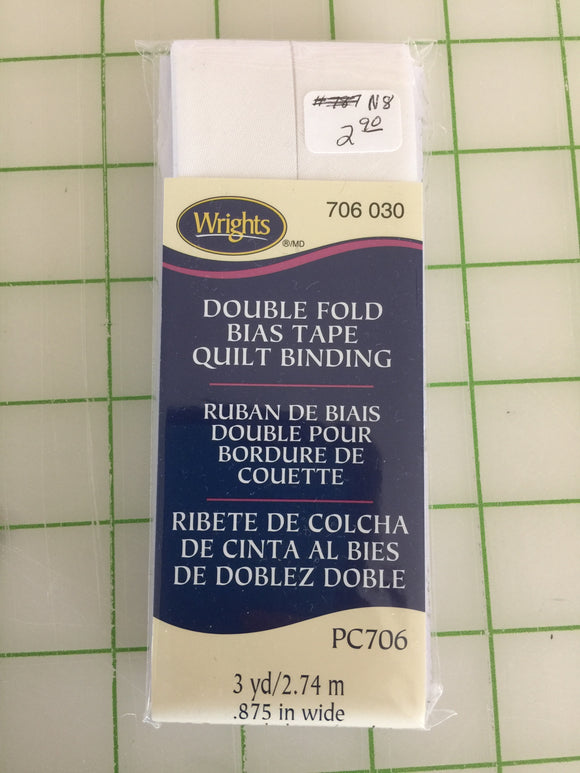 N8 - Wrights - Double Fold Bias Tape - White - 3 yds