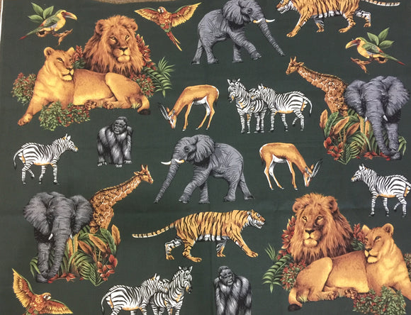 #4022 - Jungle Animals, Lion, Elephant, Giraffe, Zebra, Gorilla, Parrot, Gazelle, Tiger On Green