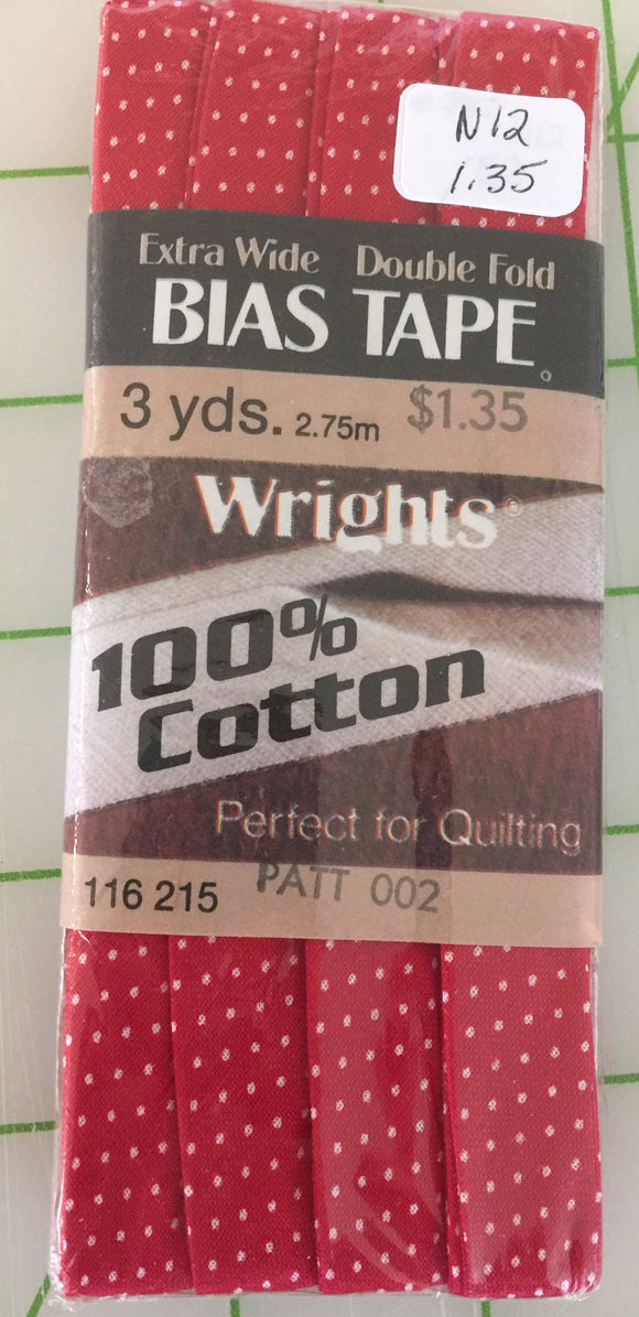 N12 - Wrights - Extra Wide Double Fold Bias Tape - Red With White