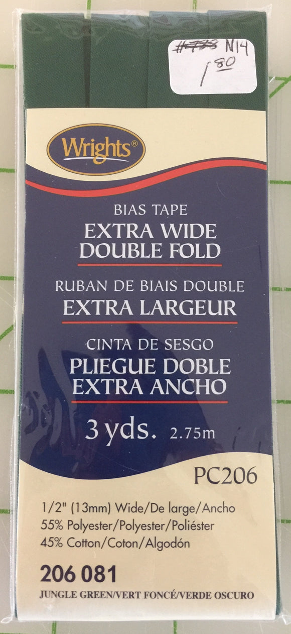 N14 - Wrights - Extra Wide Double Fold Bias Tape - Dark Green - 3 yds