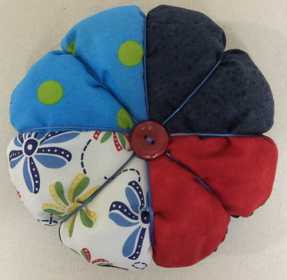 #N706 - LARGE Petal Pincushion - Handcrafted With Red & Blue Fabric